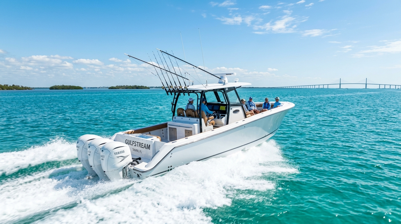 Luxury center console boat cruising Florida waters with Lotus Sell My Boat For Me